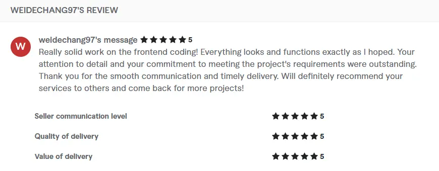Fiverr review for a freelance Laravel and Flutter developer.